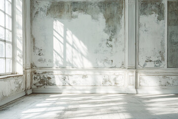 Poster - Empty Interior Room with Sunlight on Distressed Walls and Wooden Floor