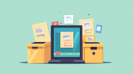 Poster - Digital document management system for organizing files and data with laptop and storage boxes concept