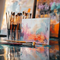 Aufkleber - Artist's Studio: Abstract Canvas, Brushes, and the Creative Process in Motion with Reflections & Tools of Artistic Expression