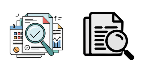 Poster - Inspection icon vector icon set black filled and outlined style, Clipboard checklist icon set, magnifying glass clipboard or data search, analysis, clipboard with processing gear, clipboard.