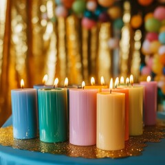 Leinwandbilder - Colorful Candles Aglow: A Celebration of Light and Color with Festive Background Décor, perfect for Birthday Parties and Special Events.
