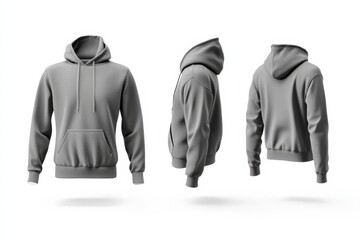 Poster - Hooded sweatshirt in gray displayed from multiple angles showcasing its design and features