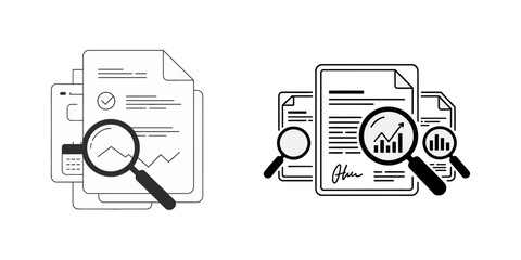 Poster - Inspection icon vector icon set black filled and outlined style, Clipboard checklist icon set, magnifying glass clipboard or data search, analysis, clipboard with processing gear, clipboard.