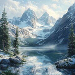 Aufkleber - Serene Mountain Lake Reflection: Majestic Peaks and Evergreen Trees Casting Shadows on Tranquil Waters on a Bright Day