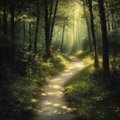 Poster - Sunlit Path Through the Enchanting Forest: A Serene Journey Through Nature's Embrace