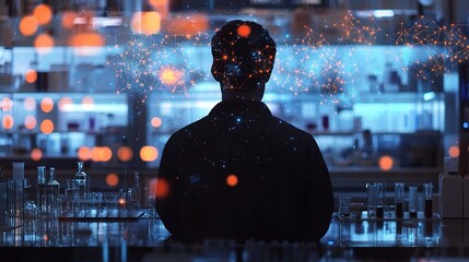 Poster - Silhouette of Scientist with Neural Network in Laboratory Setting