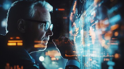 Poster - Financial Consultant Analyzing Data on Digital Display at Night