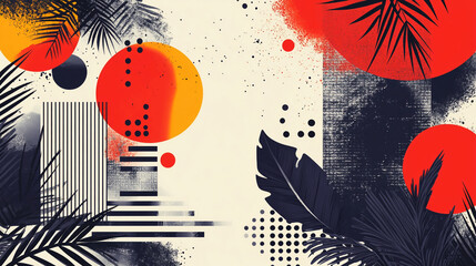 Poster - Abstract art print design with geometric shapes and tropical leaves for modern home decor ideas