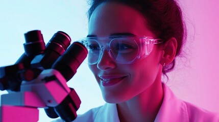 Poster - smiling female scientist working with microscope in laboratory setting