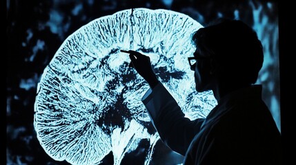 Poster - silhouette of neuroscientist analyzing 3d brain image in lab