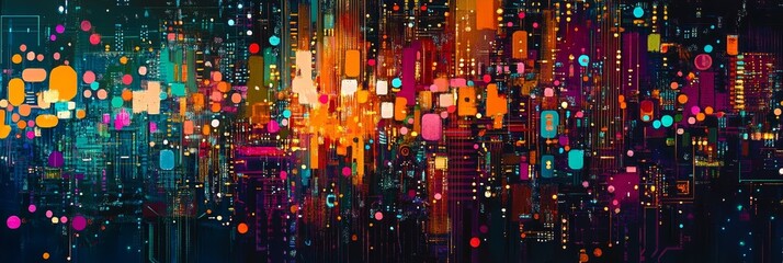 Poster - Abstract Cityscape - Vibrant abstract depicting a futuristic city with glowing blocks and lines, suggesting technology and innovation