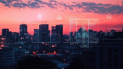 Poster - Smart Homes Concept at Dusk Above City Skyline with Digital Overlays