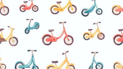  Seamless pattern of watercolor balance bikes and scooters for kids children transport design art 100