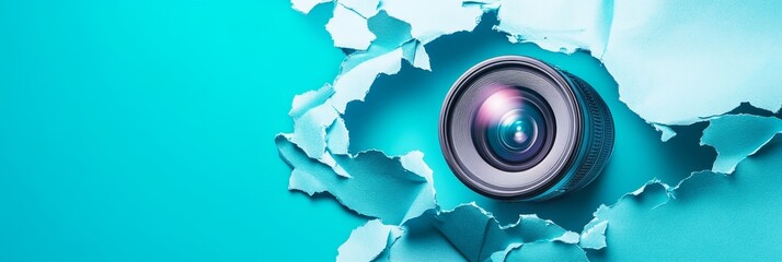 Poster - Camera Lens Through Torn Paper - A camera lens peeks through a tear in light blue paper, creating a striking visual. Ideal for , technology, or creative concepts