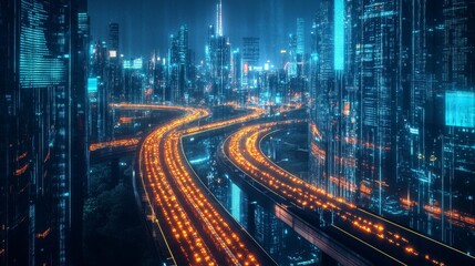 Poster - Cityscape at Night - Futuristic city, illuminated highways, data flow, technological advancement, urban landscape. Symbolizing progress, innovation, connectivity, speed, and the future