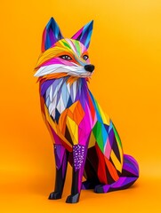 Poster - Colorful Paper Fox Sculpture on Bright Orange Background - Vibrant geometric fox, art sculpture, papercraft, colorful design, orange backdrop. Symbolizing creativity, artistry, wildlife