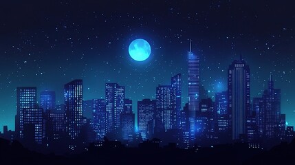 Poster - Nighttime City Skyline Silhouette with Moon and Starry Background