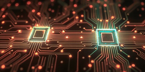 Poster - abstract technology background digital circuit board microchip processors glow dark data neon lines