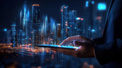 Poster - Entrepreneur Using Tablet in Futuristic City Setting at Night