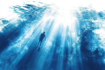 Aufkleber - Diver explores underwater depths as sunlight filters through ocean surface during a serene moment