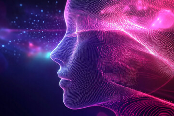 Poster - Digital Human Head Profile with Futuristic Glowing Mesh and Dotted Elements