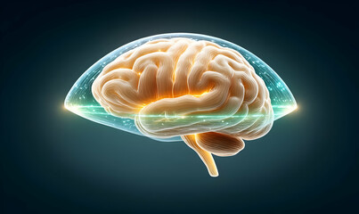 Poster - Futuristic Hologram Brain with AI Elements in Double Exposure Art