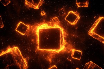 Poster - Fiery Cube Network Abstract - Glowing cubes, network connections, art, energy, abstract design. Symbolizing innovation, technology, connection, power, and dynamism