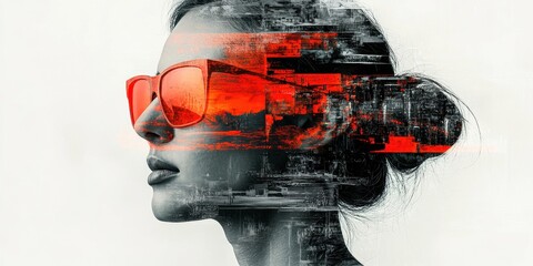 Poster - Futuristic portrait of a woman with fragmented digital elements representing technology and identity in a striking visual composition