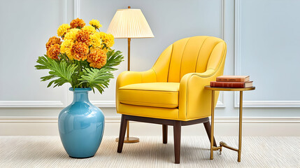 Poster - Elegant Workspace with Yellow Chair and Bright Flower Arrangement