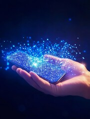 Poster - Global Network Connection in Hand - Hand holding smartphone with glowing network connections, technology concept