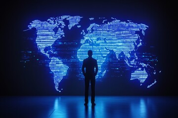 Poster - global network connectivity - a businessman stands before a glowing world map, symbolizing global re