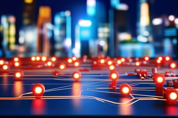 Poster - Glowing Circuit Board Technological Marvel Cityscape - Network, technology, innovation, connection, future. A futuristic cityscape at night