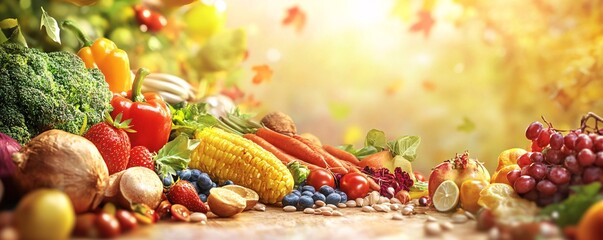 Poster - Variety of fresh organic vegetables and fruits on a rustic wooden table in the garden with falling leaves