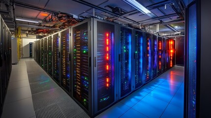 Poster - modern data center server room - rows of illuminated servers in a modern data center, showcasing adv