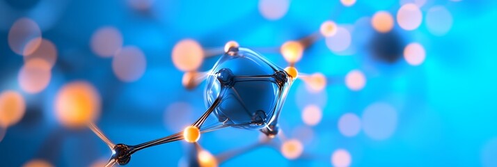 Poster - Molecular Structure Abstract - Close-up abstract of a molecule, showcasing intricate connections and vibrant blue and orange hues. Ideal for science, technology, and medical concepts