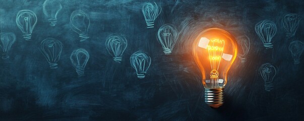 Leinwandbilder - One real glowing light bulb and many drawn light bulbs on blackboard