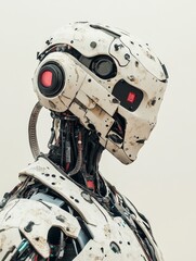 Poster - Weathered Robotic Head Profile - Close-up profile view of a weathered, white robot head and neck, showcasing intricate mechanical details and exposed wiring