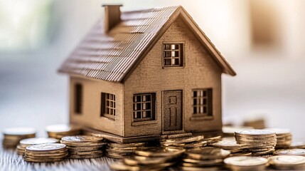 Poster - Miniature house model standing on increasing stack of coins