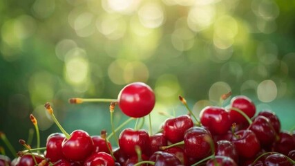 Poster - Cherries: A close-up shot captures a vibrant collection of ripe, glistening cherries. Each plump cherry bursts with rich color, offering a taste of summer's sweetness.