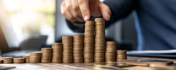 Poster - Businessman stacking coins for step up growing business concept