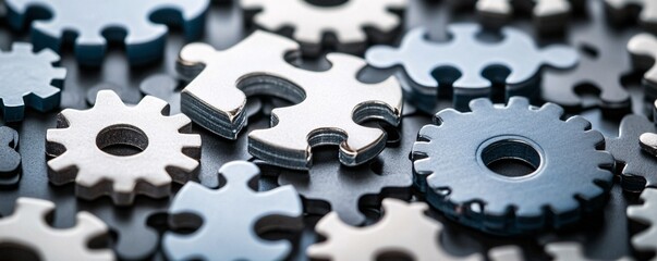 Poster - Puzzle pieces forming cogwheels representing problem solving concept