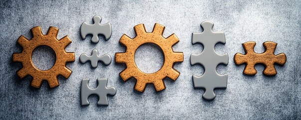 Poster - Puzzle pieces and gears combining to form a system on concrete
