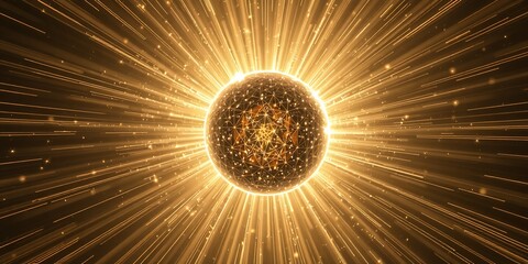 Poster - Golden Abstract Sphere Light Rays Burst Background Design Art Sun Glow Star Shiny Shine Lines Space