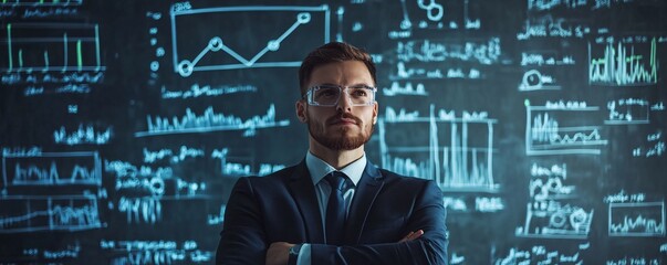 Poster - Confident businessman standing with crossed arms in front of a blackboard with charts and formulas