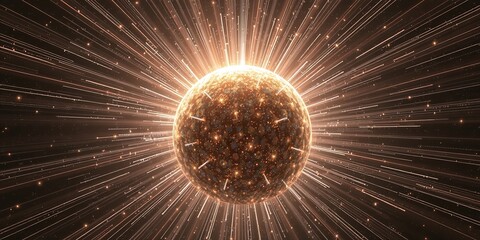Poster - Golden Energy Sphere Abstract Background Digital Art Cosmic Rays Glowing Light Powerful Burst Bright