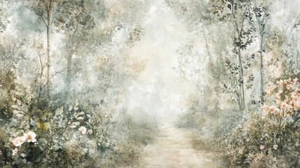 Wall Mural - lush watercolor forest scene with winding trail, soft greens and delicate hues of floral accents, mi