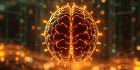 Poster - Glowing Human Brain Neural Network Digital Art Abstract Background 3d fire mind idea dark model