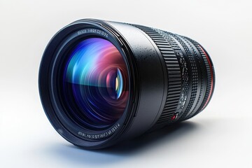 Poster - High-tech camera lens with intricate design showcasing orange accents and clear components in detail with light reflection captured vividly