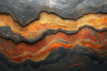 Poster - Abstract rock layers showcase a blend of dark gray and striking orange hues, creating an intriguing geological pattern.