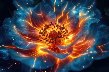 Poster - A digitally rendered flower with electric blue petals and a vibrant, glowing orange center.